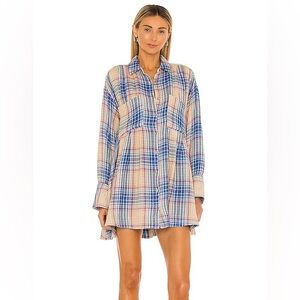 Free People Long Sleeve The Voyage Plaid Cotton Shirt Dress - Sunrise Combo - S